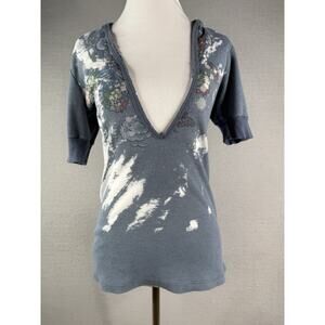 Vtg‎ Y2K Fang Thermal Hoodie Deep V-Neck Top Sz M Blue USA Grunge Retro 90s